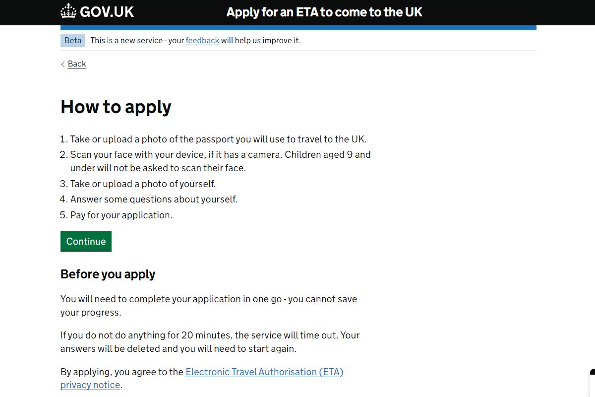 Capture d'écran du site officiel de l'autorisation de voyage ETA