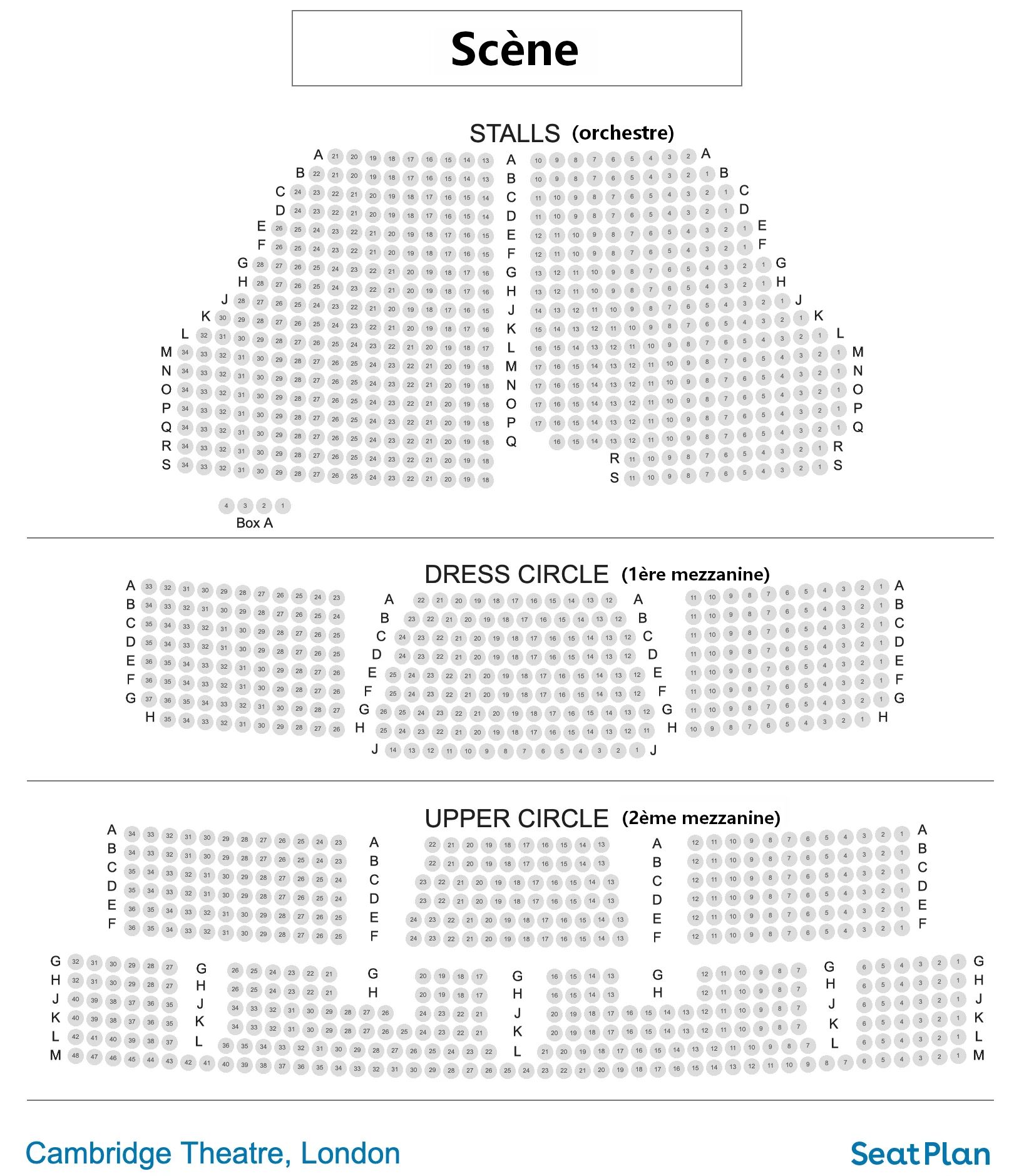 Plan de la salle du Cambridge Theatre de Londres