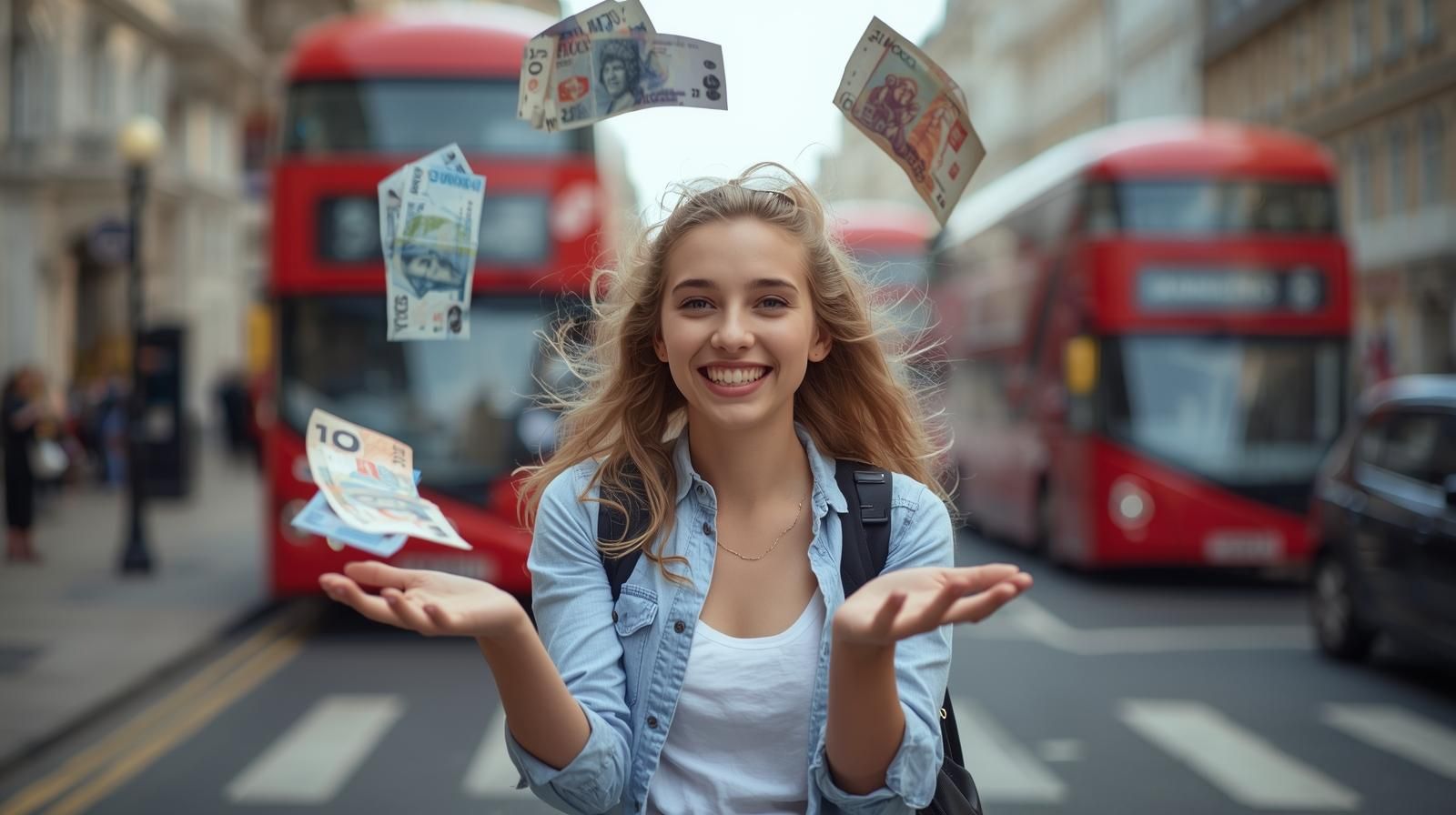 Jeune femme jonglant avec des billets britanniques à Londres